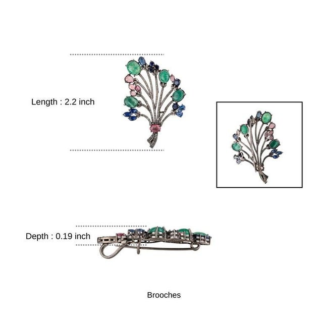 Opulent Floral Bouquet Brooch Pendant With Emerald, Sapphire & Tourmaline For Sale - Image 11 of 14