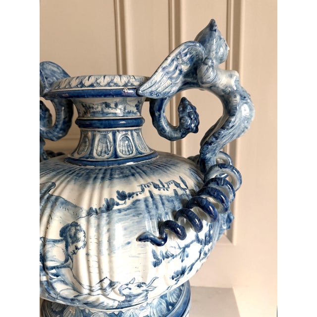 Early 21st Century Large Vintage Cantagalli Italian Majolica Blue White Delft Style Pottery Vase Jar or Urn Serpent Handles 23"h For Sale - Image 5 of 18