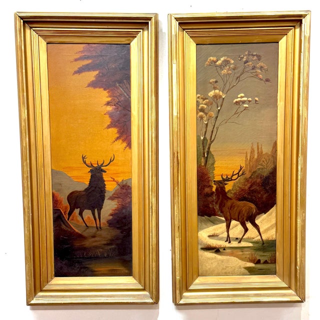 Pair of American Sporting Paintings of Elk and White-Tailed Deer Buck, Signed A.W. Crozier, 1907 A rare matched pair of...