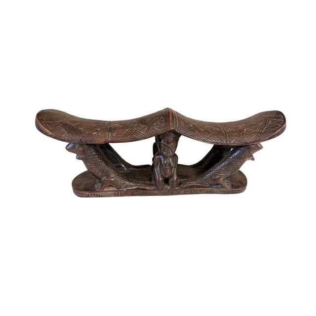 African Rare Find Vintage Chokwe Double Headrest Congo 15" For Sale - Image 3 of 8