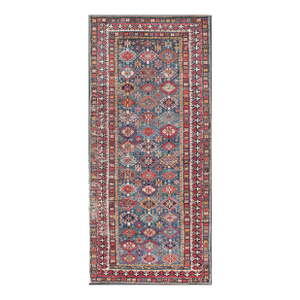 Antique Caucasian Shirvan Rug With Tribal Patterns in Vibrant Blue 3'9 X 8'8