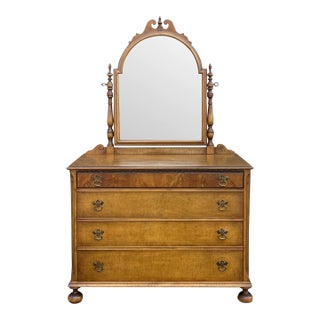 Antique Berkey & Gay Traditional Victorian Tiger Maple 4 Drawer Low Chest With Tilting Mirror For Sale
