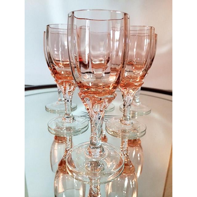 Vintage Blush Pink & Clear Twisted Stem Cordial Glasses Set of 6