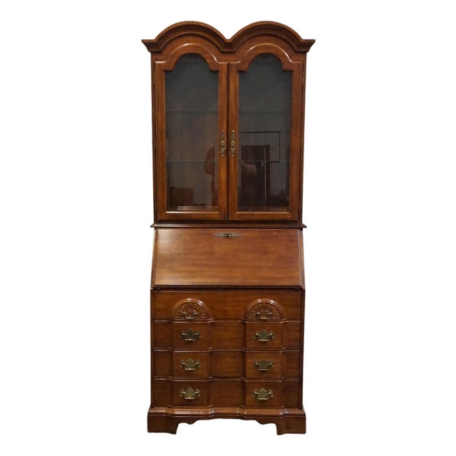 High End Vintage Solid Cherry Traditional Style 34" Secretary Desk W. Double Bonnet Display Hutch For Sale