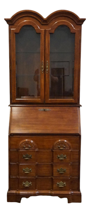 High End Vintage Solid Cherry Traditional Style 34" Secretary Desk W. Double Bonnet Display Hutch