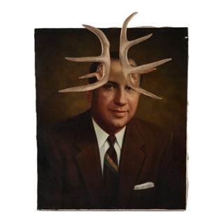 1960's Original Painting of a Businessman Altered With Antlers For Sale