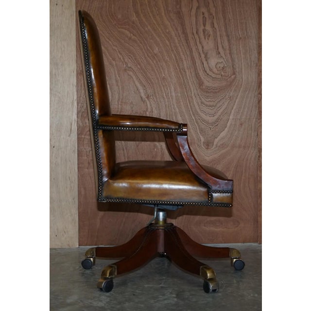 Vintage Brown Leather Oak Framed Captains Directors Armchair For Sale - Image 14 of 17