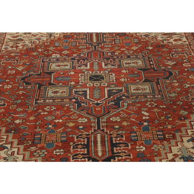 Hand-Knotted Antique Persian Heriz Rug in Red, Blue, Beige Medallion Pattern For Sale - Image 4 of 7