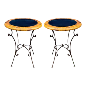 Regency Style Maitland-Smith Penshell Faux Tortoise Side Tables Iron Bases - S/2