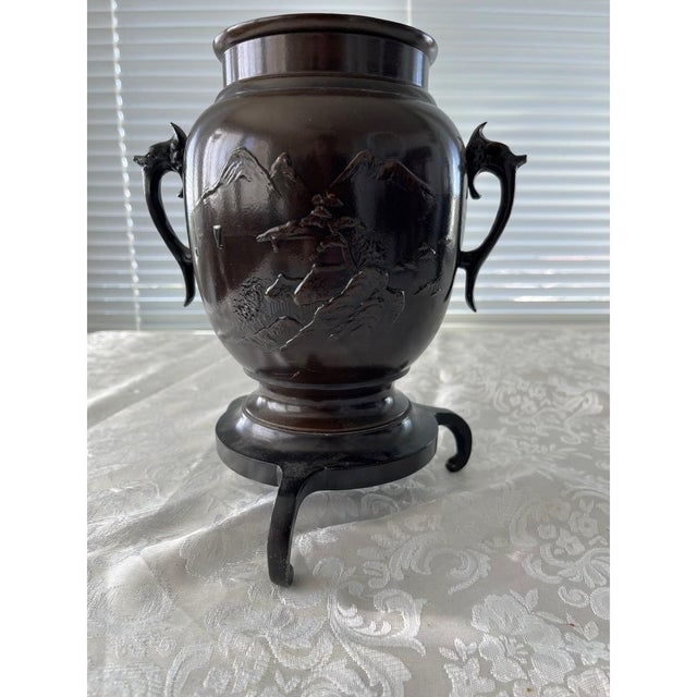 Japanese Early 20th Century Heavy 9" Dragon Handle Bronze Finish Vase - Embossed Japanese Style Landscape For Sale - Image 3 of 7