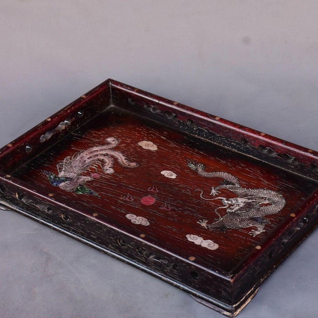 This is a beautifully detailed vintage rectangular tray, crafted from Zitan wood (purple sandalwood) and decorated with...