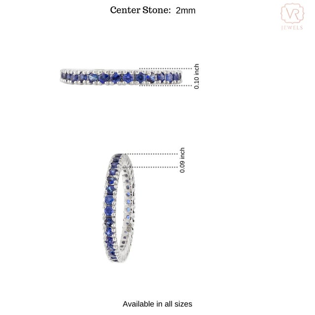 Metal Prong Set Blue Sapphire Round Cut Eternity Band in 18k White Gold Size 6 For Sale - Image 7 of 11