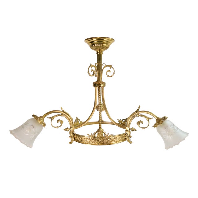 Antique Art Deco Glass and Bronze Chandelier, France, 1930s For Sale