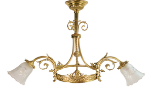 Antique Art Deco Glass and Bronze Chandelier, France, 1930s