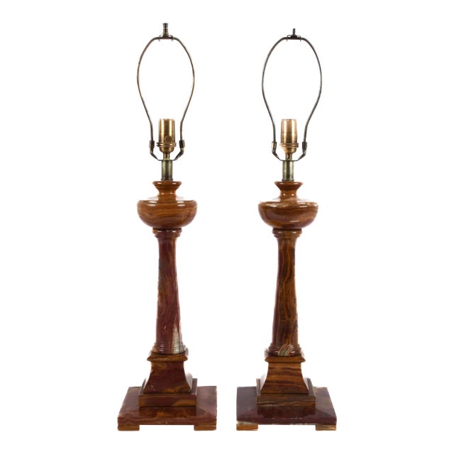 Mid 20th Century Pair of Mid-Century Italian Alabaster Column Table Lamps, Classical Style For Sale