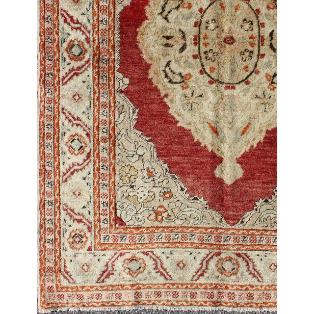 Antique Oushak Rug With Floral Medallion in Light Green, Ivory, Taupe & Red For Sale - Image 4 of 7