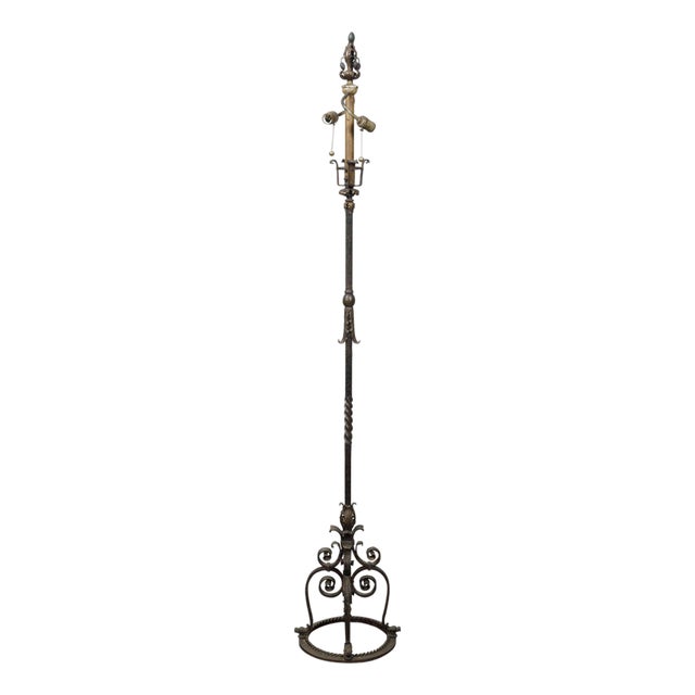 French Steel and Brass 1930s Floor Lamp with Scrolling Legs and Foliage Motifs For Sale