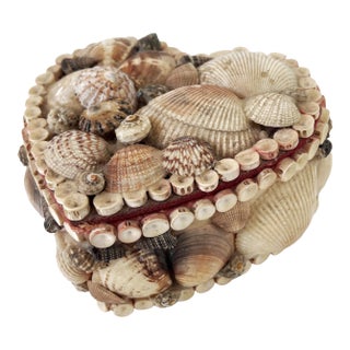 Antique Sailors Valentine Shell Encrusted Heart Shaped Trinket Box, C 1920s For Sale