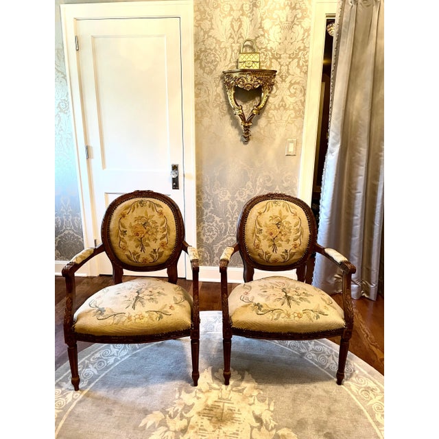 Louis XVI Style Upholstered Balloon Back Walnut Carved Fauteuil Chairs - a Pair For Sale - Image 13 of 13