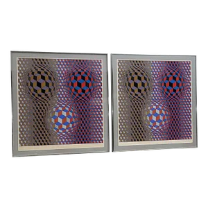 Vintage Pair of Victor Vasarely Silkscreen "Nebulus" Signed Numbered and Framed