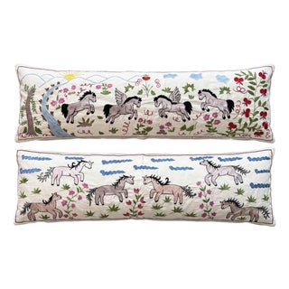 White Horse Suzani Lumbar Pillow Cover 17'' X 52'' - Set of Two For Sale