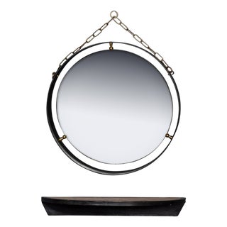 Mid-Century Italian Black Metal Framed Mirror and Brass Console, 1950s, Set of 2 For Sale