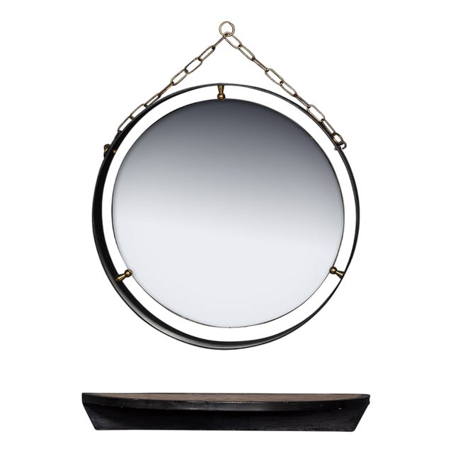 Mid-Century Italian Black Metal Framed Mirror and Brass Console, 1950s, Set of 2 For Sale