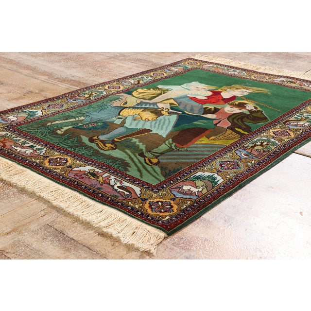 Dark Green Vintage Persian Pictorial Tabriz Rug, 03'03 X 04'08 For Sale - Image 8 of 10