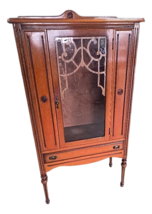 Antique Edwardian Oak Display Cabinet With Decorative Wood Scrollwork Glass Door