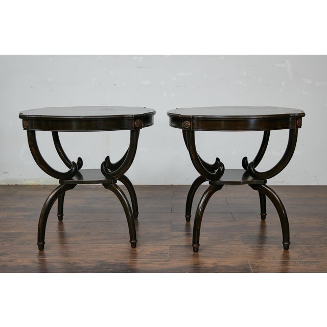 Mid 20th Century English Midcentury Period Dark Lacquered Side Tables with Neoclassical Accents For Sale - Image 5 of 12