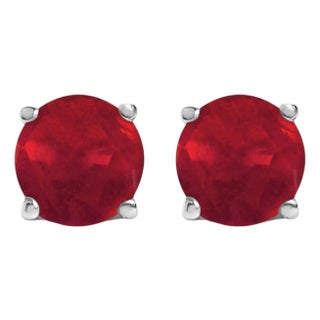 14K White Gold 5X5MM Round Red Ruby Solitaire Stud Earrings For Sale