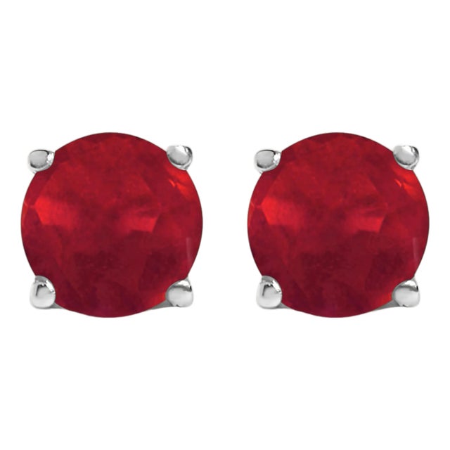 14K White Gold 5X5MM Round Red Ruby Solitaire Stud Earrings For Sale