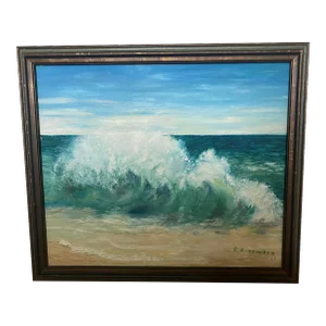 Ocean Waves Crashing Landscape Acrylic Painting Signed R. Gottwald 1969, Framed