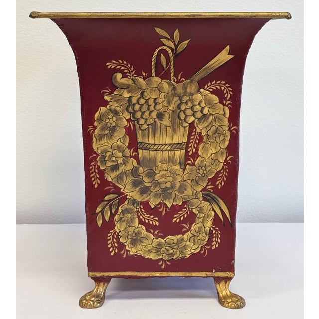 Vintage French Provincial Burgundy and Gold Tole Vase Cachepot Jardinere Waste Bin For Sale - Image 4 of 9
