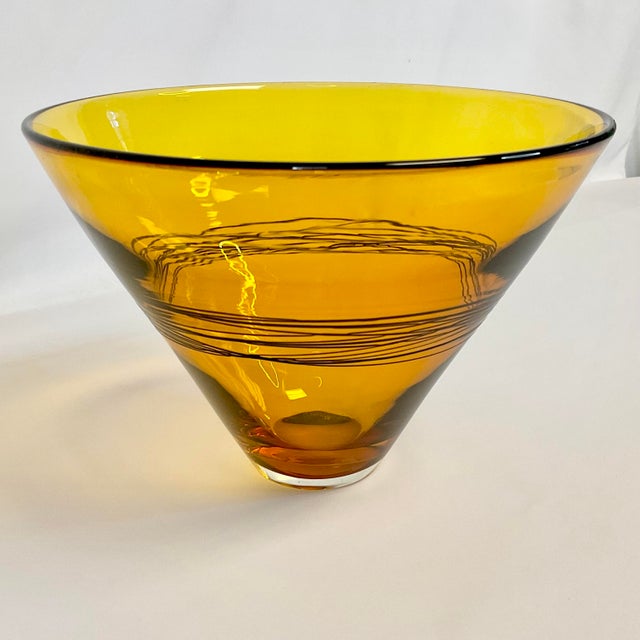 2005 Contemporary Handblown Glass Bowl With Black Spun Accent, Artist Signed, After Murano For Sale - Image 9 of 14