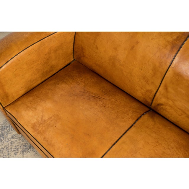 1920s French Art Deco Cognac Leather Club Sofa For Sale - Image 16 of 18
