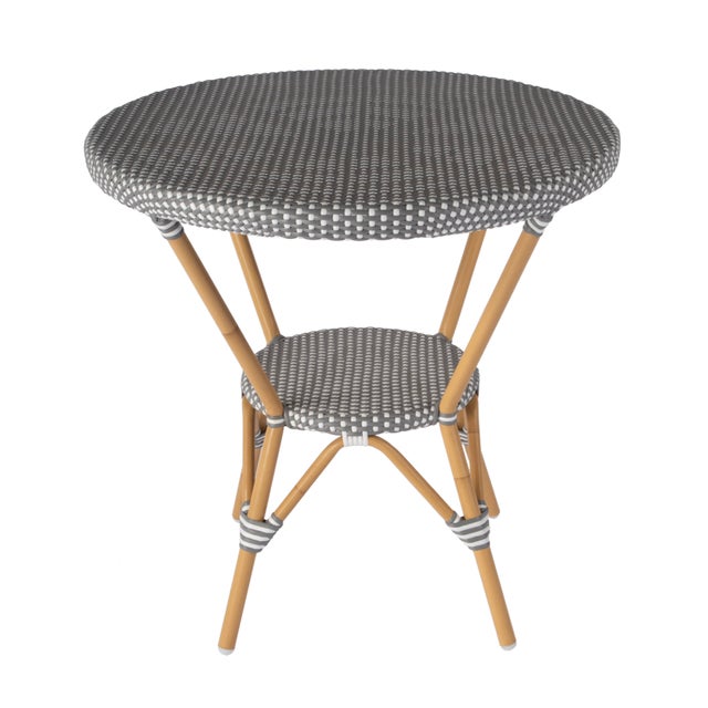 Wood Tobias 30 in. W Outdoor Round Rattan and Metal Bistro Table, Gray/White Dot / Natural Rattan Frame For Sale - Image 7 of 9