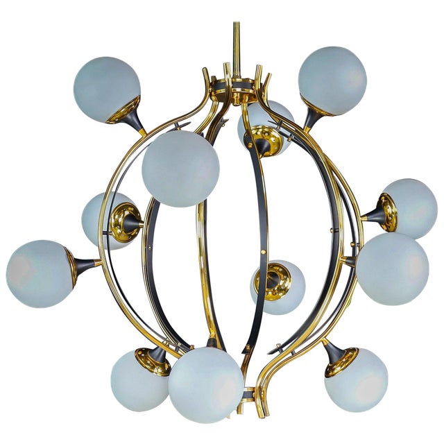 Mid-Century Chandelier in Brass and 12 Opaline Globes from Stilnovo, Italy 1950s For Sale - Image 17 of 17
