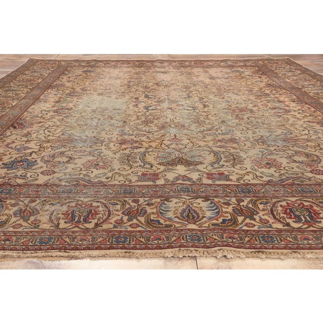 Tan Early 20th Century Antique-Worn Persian Tabriz Rug - 09'07 X 12'03 For Sale - Image 8 of 9