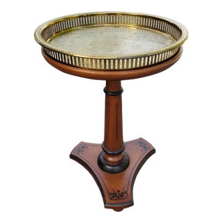 Late 20th C. Pedestal Walnut Candle Stand W/ Galleried Etched Brass Tray Insert For Sale