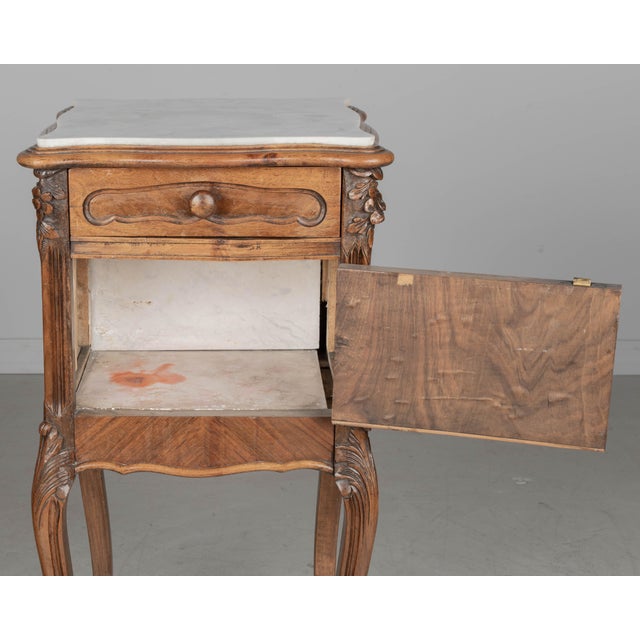Wood French Louis XV Style Nightstand, Walnut With Marble Top, Circa 1900s For Sale - Image 7 of 9