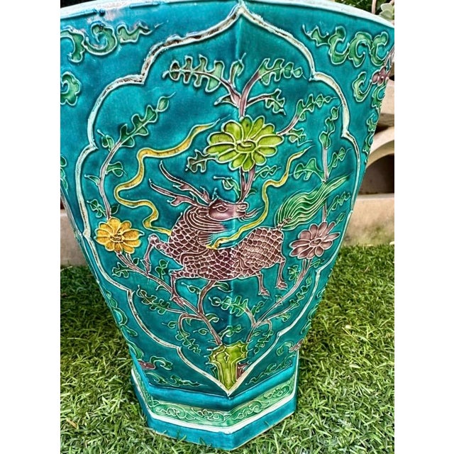 Rare Pair of Chinese Turquoise-Ground Fahua Ware Octagonal Lidded Vases, Ming For Sale In San Diego - Image 6 of 18