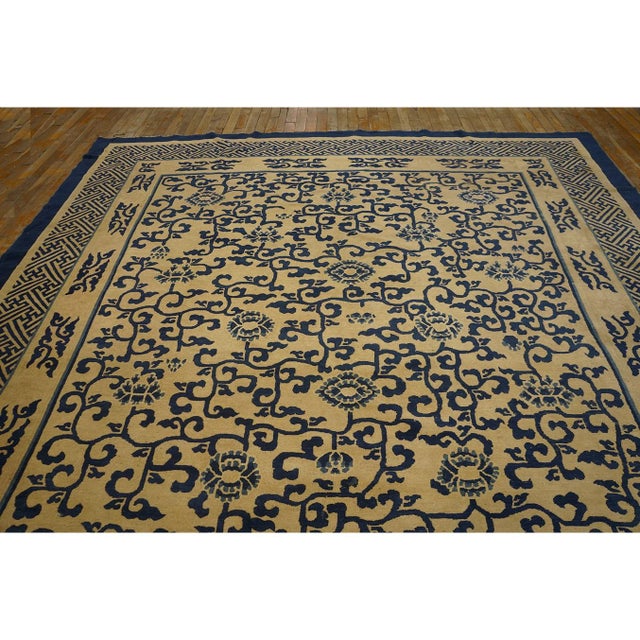 Textile 1870s Tan Camel Foliate Greek Key Antique Chinese Peking Wool Rug 8' 10" X11' 6" For Sale - Image 7 of 9