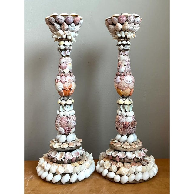 Wood Vintage Shell Encrusted Candle Holders - Pair For Sale - Image 7 of 12