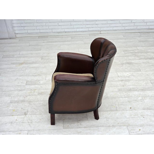 Vintage Danish Lounge Chair in Brown Furniture Leather and Velour, 1930s For Sale - Image 18 of 18