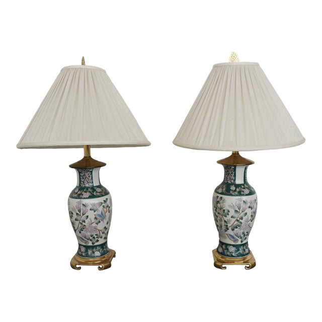 Vintage Floral Porcelain Table Lamps (Set of 2) For Sale