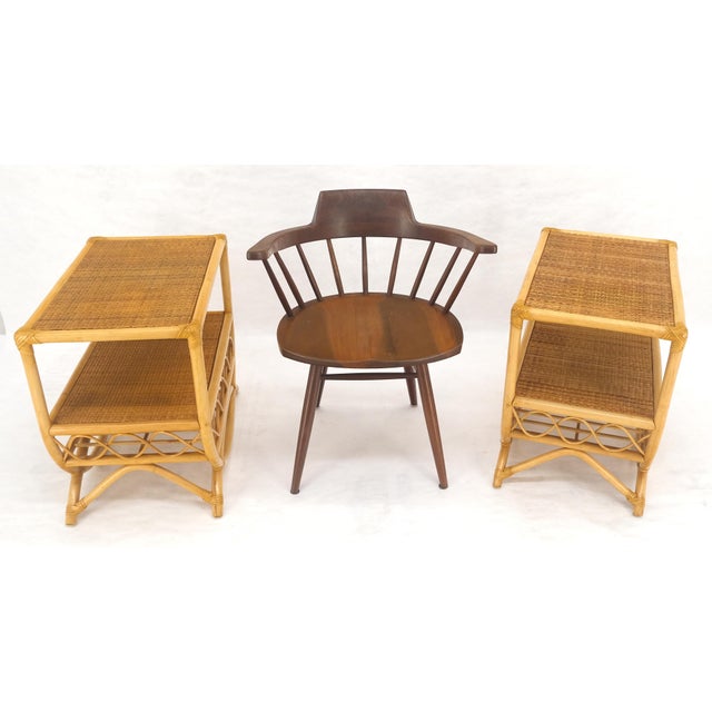 Brown Pair Rattan Bamboo Grass Cloth Top Two Tier End Side Tables Stands Magazine Rack For Sale - Image 8 of 14
