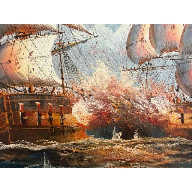 Impressionist Original Marine Naval Battle Oil Painting Sailing Ships Seascape Framed, Signed For Sale - Image 3 of 12