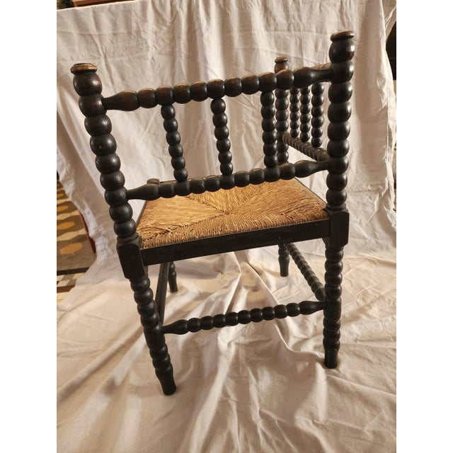Antique Bobbin Corner Chair, Rush Seat Chair, Spanish Colonial Style, Woven Seat Armchair, Primitive Wooden Chair For Sale - Image 13 of 13