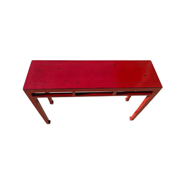 Contemporary Late 19th Century Solid Elm Red Lacquer Console Table For Sale - Image 3 of 6
